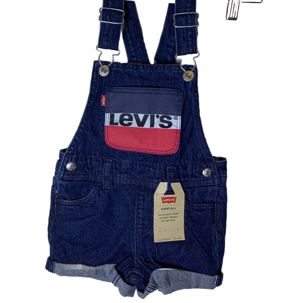Levi's Denim Jeans Overalls Shortalls Girls 4T Logo Classic Adjustable Straps NW